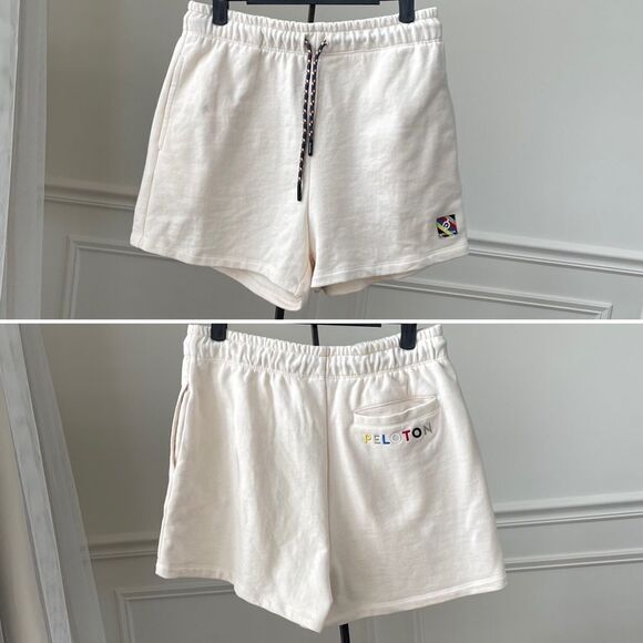 Peloton Cream Color Rainbow Embroidered Sweat Shorts Drawstring Elastic Waist M - Picture 1 of 9